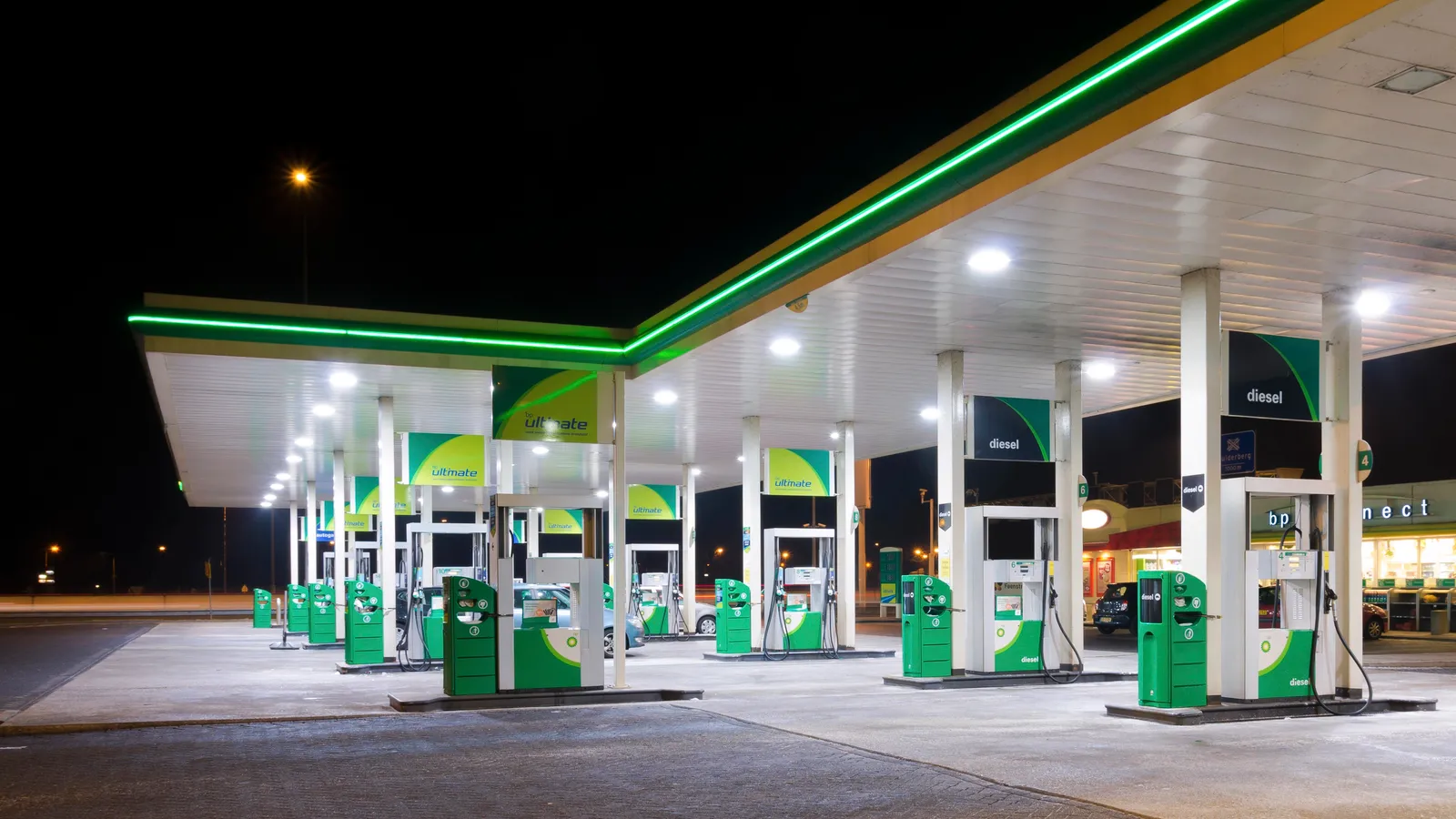 BP gas station at night