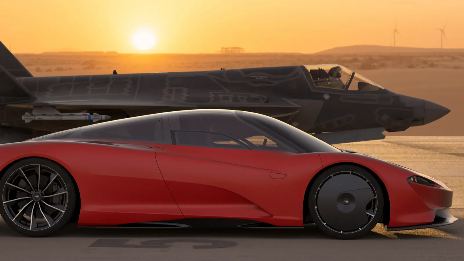 Mclaren Speedtail hybrid hyper gt on the background of a jet