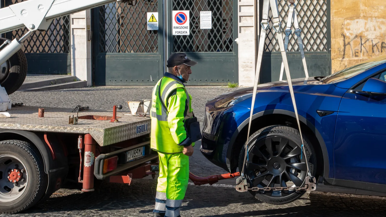 Tow truck towing a Tesla