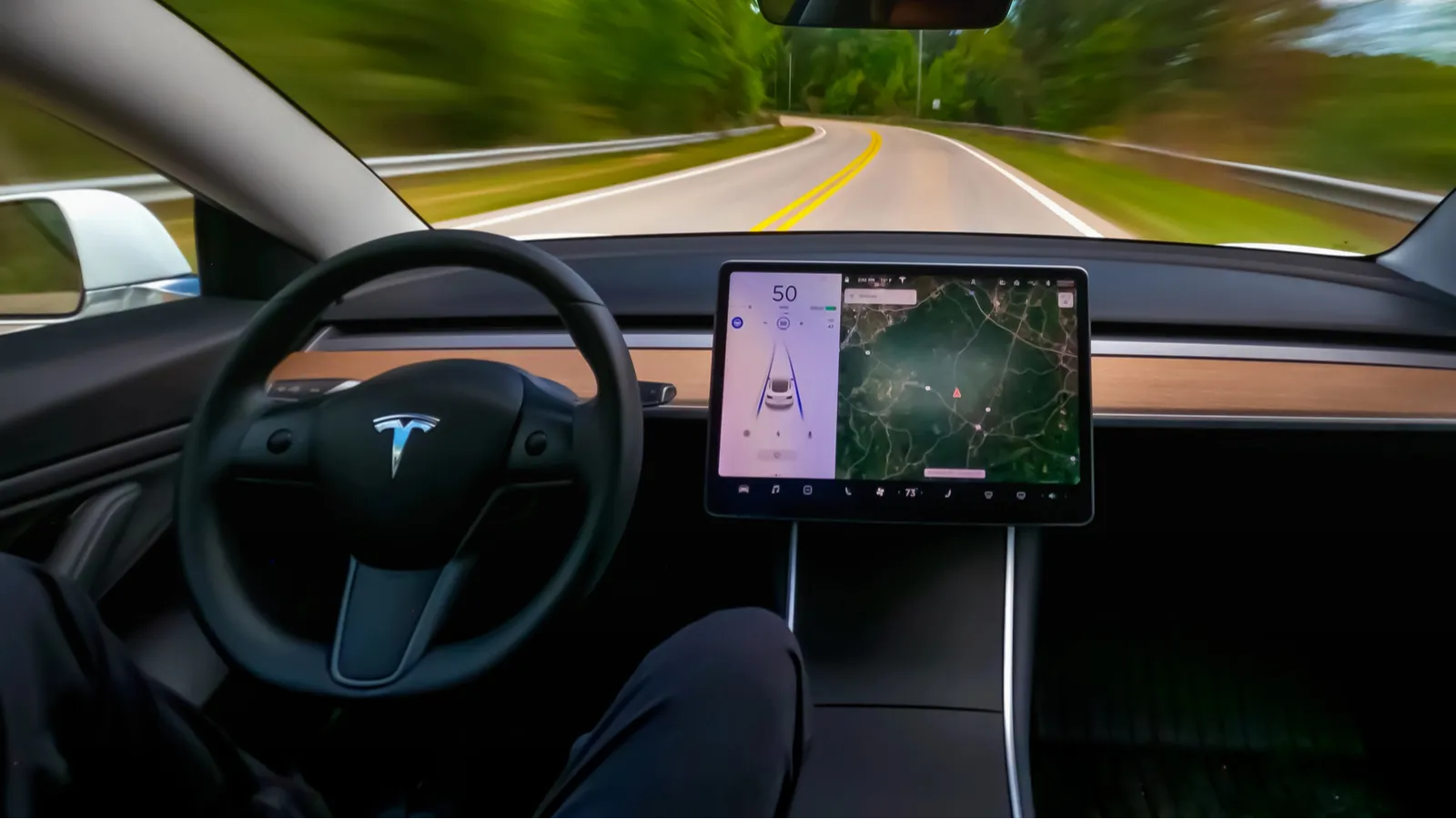 Person driving a new Tesla Model 3 on autopilot