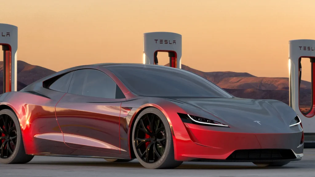 tesla roadster at fast charging station mikemareen 346239862