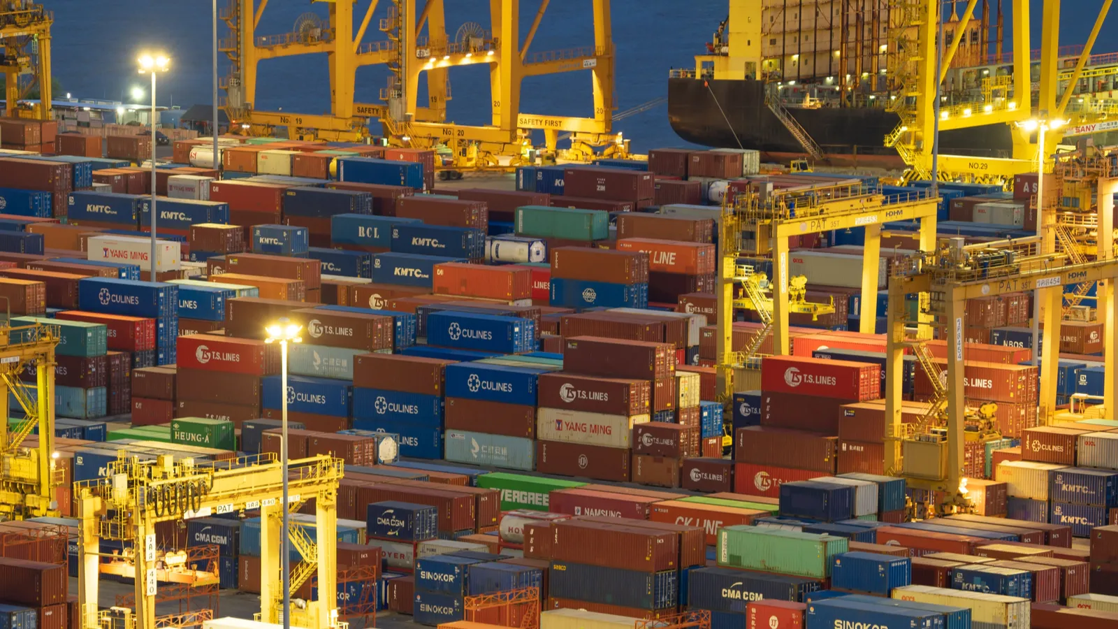 Aerial view of container cargo ship in the export bay.  