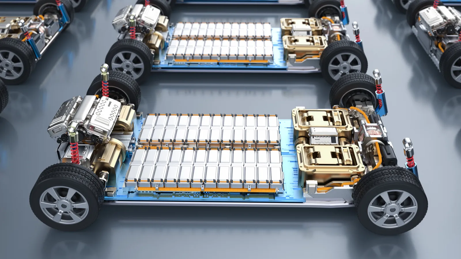 Group of electric cars with pack of battery