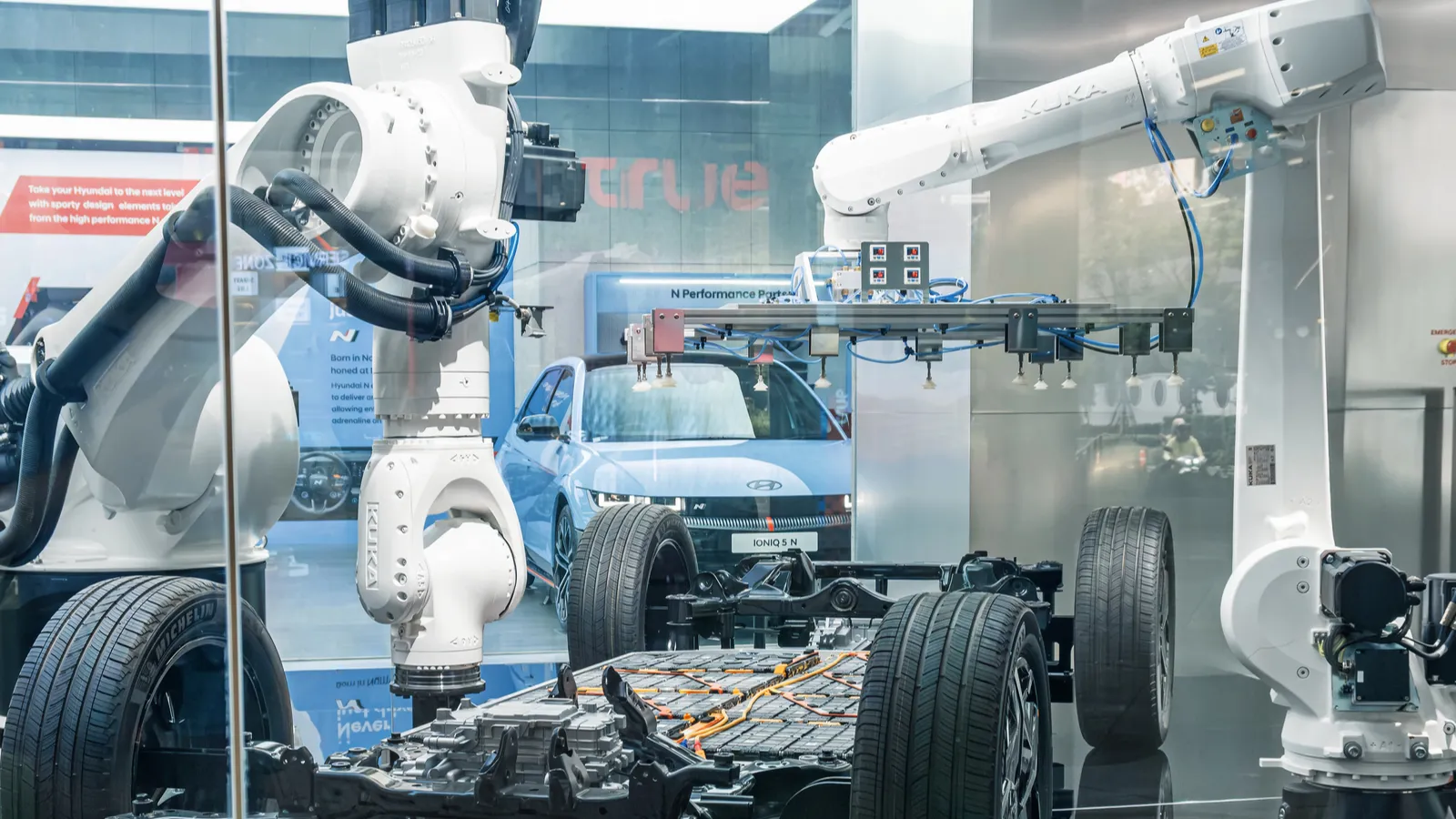 Hightech automotive manufacturing display, factory of Hyundai ioniq EV battery  