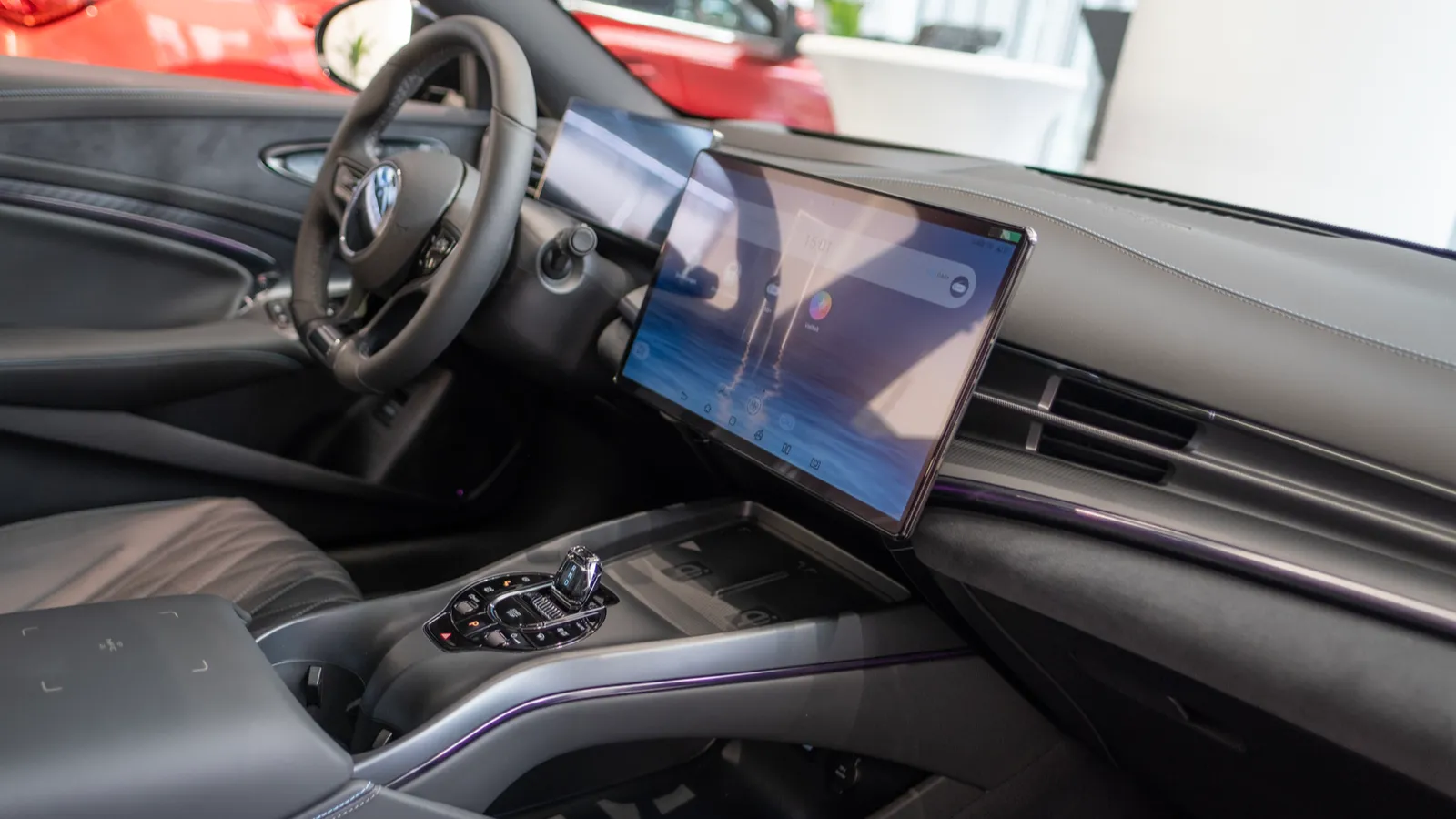 Interior cockpit steering wheel of BYD Seal 2024 electric car   